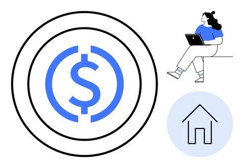 Female character using laptop while seated, large currency symbol within conc Stock-Illustration