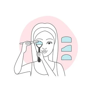 Female character using stencil to apply eye shadow line icon 스톡 일러스트