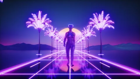 Female Character Walking between Neon Glowing Palm Trees Loop Stock Footage 247362802