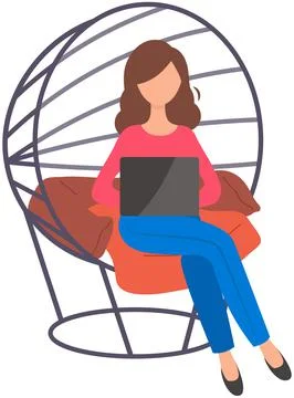 Female character working with tablet pc sitting in garden chair at home. Woman Stock Illustration