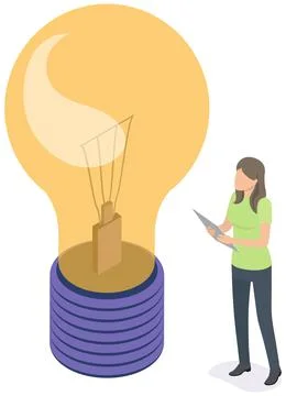 Female characters develop creative business idea. Stand near big light bulb イラスト素材