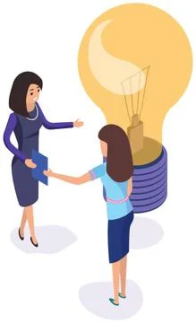 Female characters develop creative business idea. People communicate and stand Illustrazione stock