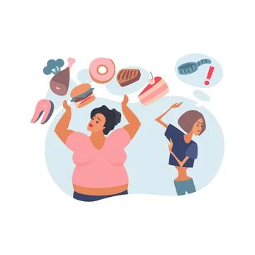Female characters with eating problems, anorexia and obesity Иллюстрация