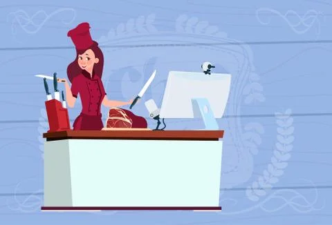 Female Chef Cooking In Front Of Web Camera On Computer Making Culinary Video Stock Illustration