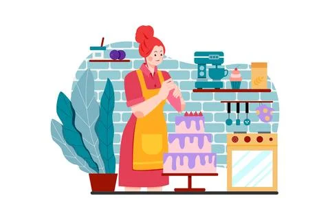 Female chef decorating a cake Stock Illustration
