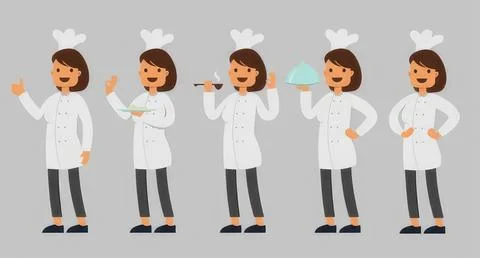 Female chef in different poses wearing white coat and hat Stock Illustration