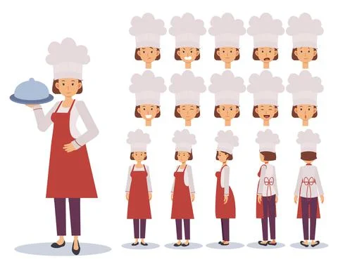 Female Chef Flat Vector Character creation set with various views, Cartoon st Stock Illustration