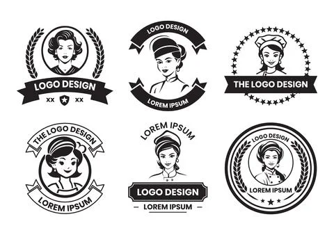 Female chef logo in flat line art style Illustrazione stock