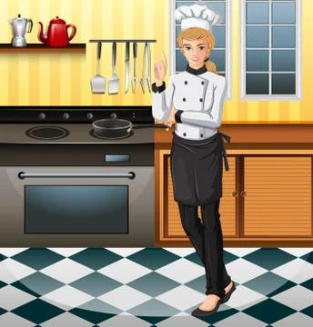 Female chef working in the kitchen Stock Illustration
