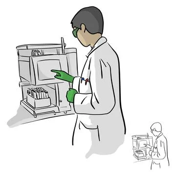 Female chemist using computer in laboratory vector illustration sketch doodle Illustrazione stock