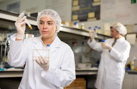 Female chemist working in laboratory, analyzing liquid samples in test flasks Stock Photos