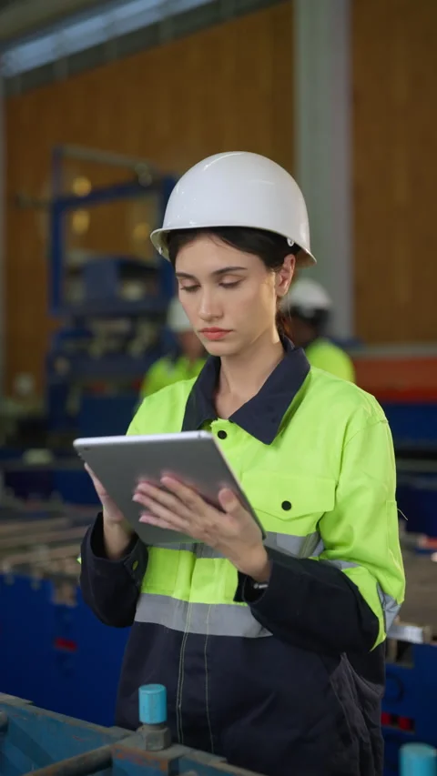 Female Chief Engineer in Factory Using Tablet and Making Audit. Stock Footage 238013001