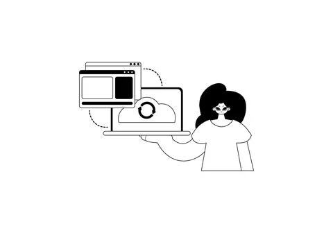 The female child with the browser that synchronizes the datum . Cloud repos.. Stock Illustration