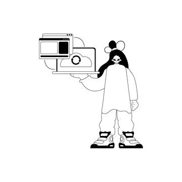 The female child with the browser that synchronizes the datum . Cloud repos.. Stock Illustration