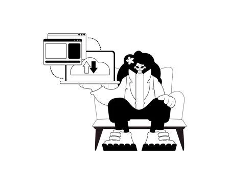The female child with the browser that synchronizes the datum . Cloud repos.. Stock Illustration