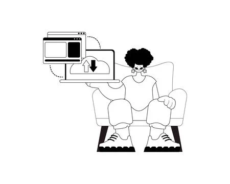 The female child with the browser that synchronizes the datum . Cloud repos.. Stock Illustration