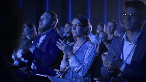 Female Clapping at Crowded Tech Conference Stock Footage 223037663