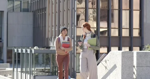 Female classmates emerging from stairs, scrolling phone and planning next class Stock Footage 342233065