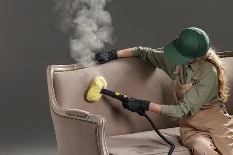 Female cleaner using steam mop to deep clean classic sofa upholstery at home Stock Photos