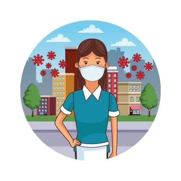Female cleaner worker profession using face mask Illustrazione stock