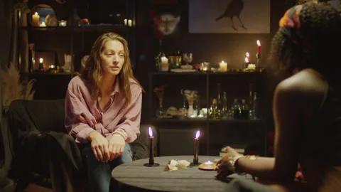 Female Client Greeting Fortune Teller and Talking to Her in Studio Stock Footage 247634334
