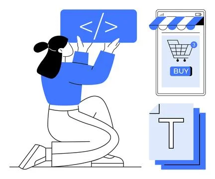Female Coder With Code Snippet Shopping on E-commerce App and Typography Tool Stock Illustration