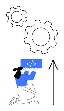 Female coder developing software with gear icons representing system mechan.. Stock-Illustration