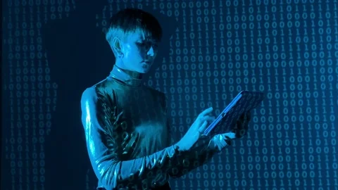 Female coder hacking security system, binary code projection Stock Footage 239607761