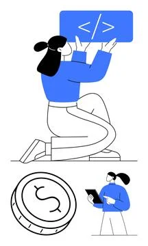 Female coder holding HTML code sign, tech professional with tablet, dollar .. Stockillustratie