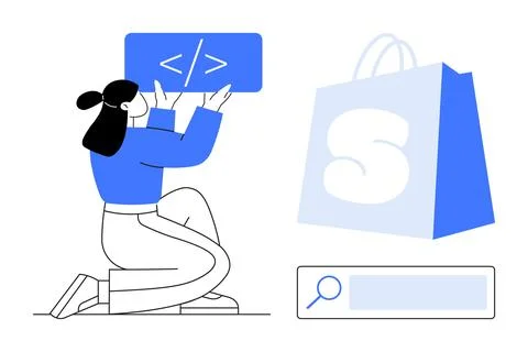 Female Coder with Shopping Bag and Search Bar in Blue and White Colour Scheme 스톡 일러스트