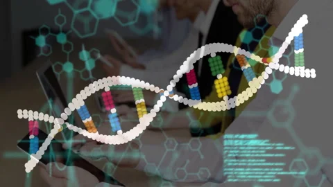 Female coder typing triggers animated code overlays and rotating DNA helix Stock Footage 311901225