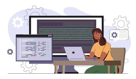 Female coder working with binary data. Vector illustration Stock Illustration