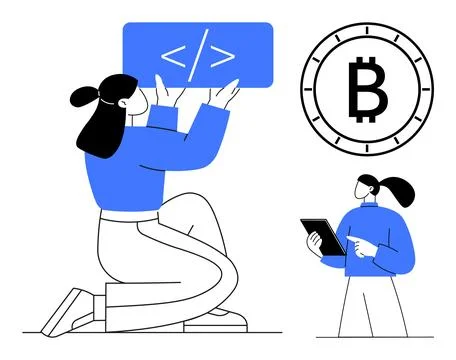 Female Coders Collaborating on Blockchain Development and Cryptocurrency So.. Illustrazione stock