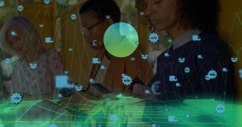 Female colleagues analyzing data in office, with wireframe grid, sphere and Stock Photos