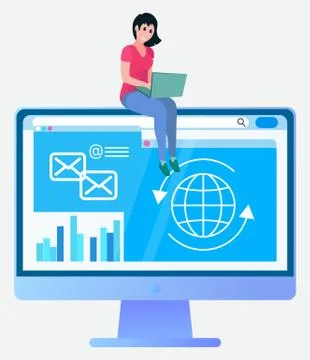 Female Communication with Computer, Tech Vector 스톡 일러스트