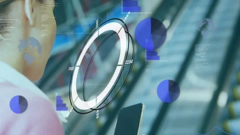 Female commuter checking smartphone for transit data, generating rotating AR Stock Footage 328584419