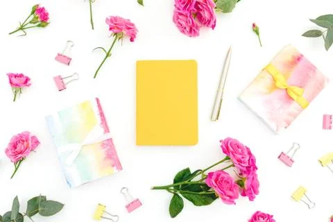 Female composition with notebook, eucalyptus, gift and roses on white backgro Foto stock