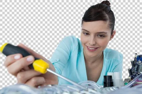 Female computer engineer repairing computer motherboard Stock Photos