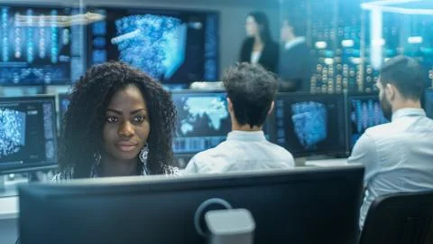 Female Computer Engineer Works on a Neural Network/ Artificial Intelligence P Stock Photos