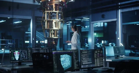 Female Computer Scientist Working with Quantum Computer Stock Footage 318965281