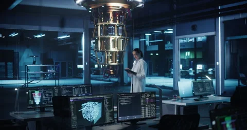 Female Computer Scientist Working with Quantum Computer Stock Footage 318965299