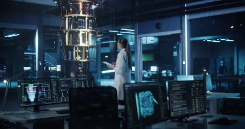 Female Computer Scientist Working with Quantum Computer Stock Footage 318965308
