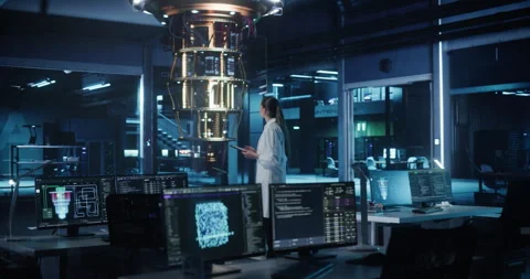 Female Computer Scientist Working with Quantum Computer Stock Footage 318965320