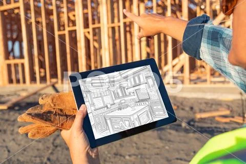 Female Construciton Worker Reviewing Kitchen Drawing on Computer Pad at Const Stock Photos