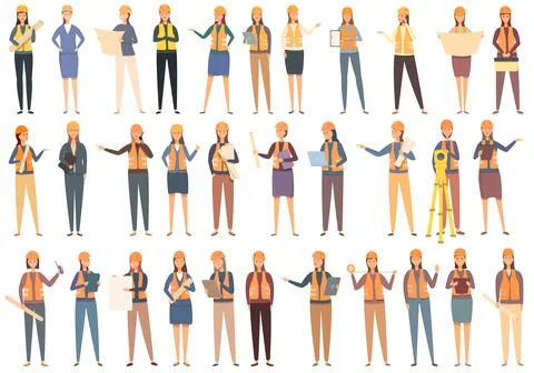 Female construction engineer icons set cartoon vector. Architect worker Illustrazione stock