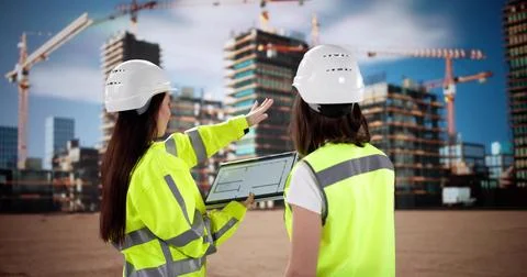 Female Construction Engineer Inspecting Site with Tablet and Clipboard, Worker 스톡 사진