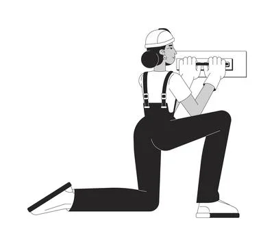 Female construction worker applying wall putty 2D line character Ilustração Stock