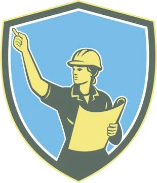 Female construction worker engineer shield retro Stock Illustration