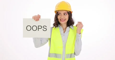 Female construction worker gestures with OOPS sign on white Stock Footage 288042438