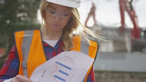 Female Construction Worker Going Over Pl Stock Video Pond5